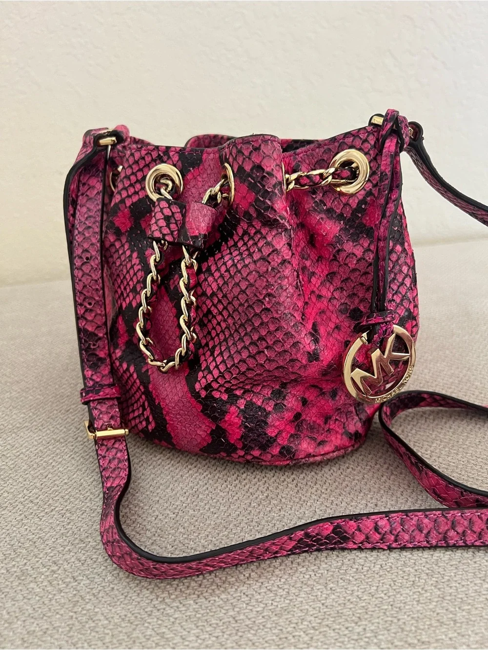 Michael Kors Hot Pink Snakeskin-Print Drawstring Crossbody
